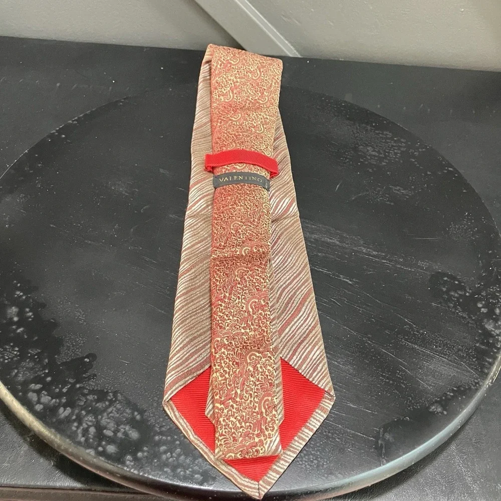 Valentino 100% Silk Diagonal Stripe Neck Tie Red Silver Gray Italy Designer